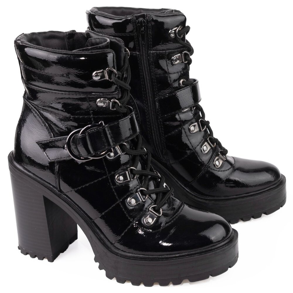 G by GUESS “Sellur” Faux Patent Leather Lace-Up Combat Boots – Women’s 7